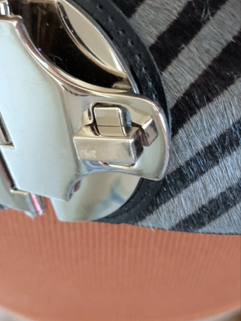 Michael Kors Black and Gray Zebra-Print Wide Waist Belt with Silver-Tone Buckle